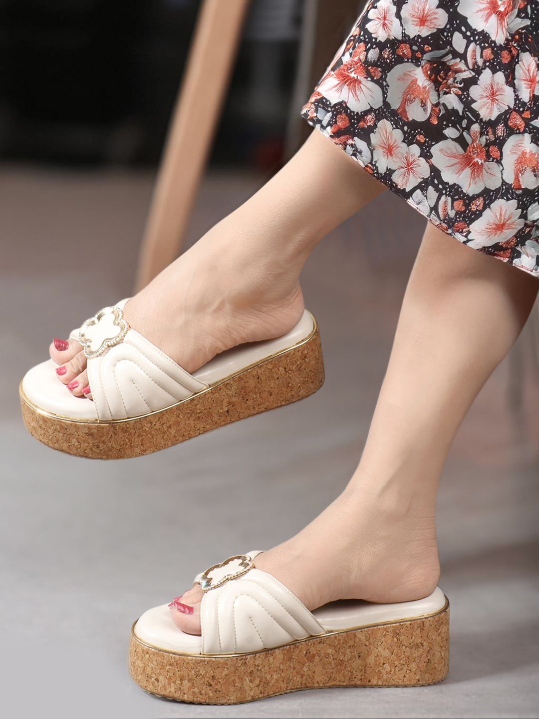 

Carlton London Women Striped Party Platform Sandals with Buckles, Cream