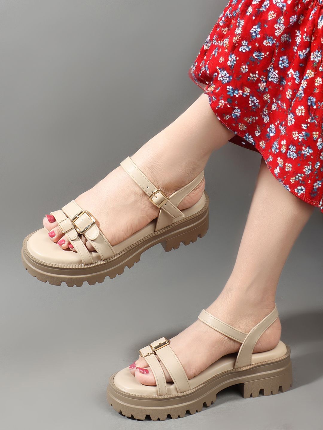 

Carlton London Party Block Sandals with Buckles, Beige