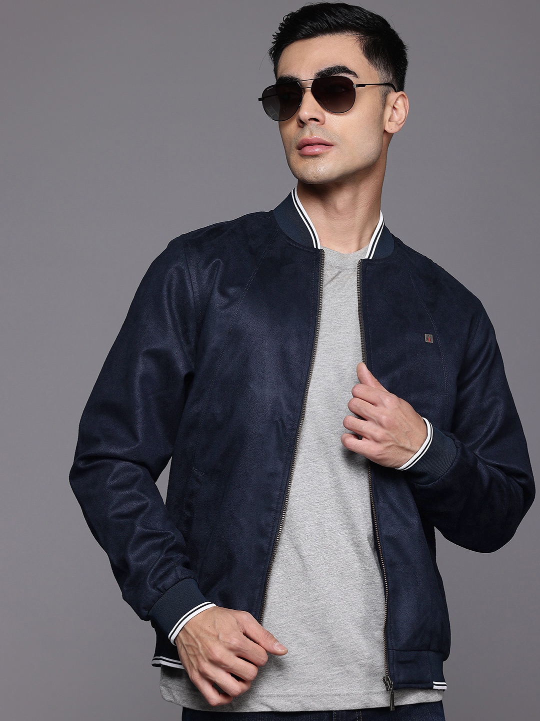

Louis Philippe Jeans Suede-Finish Bomber Jacket, Navy blue