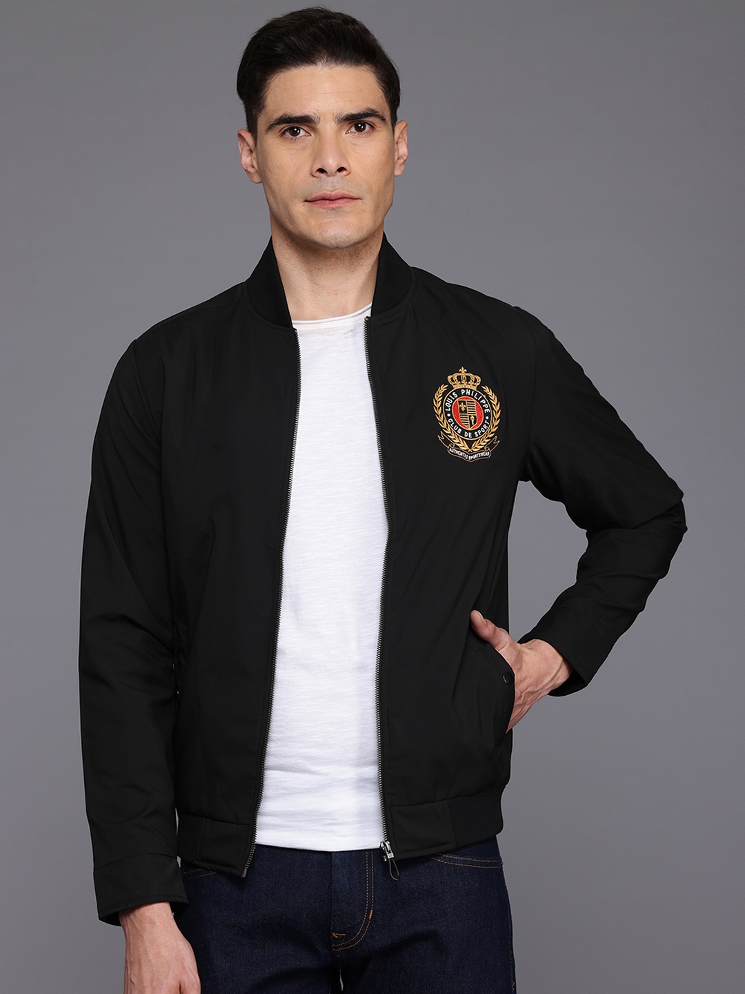 

Louis Philippe Sport Brand Logo Embroidered Bomber Jacket, Black