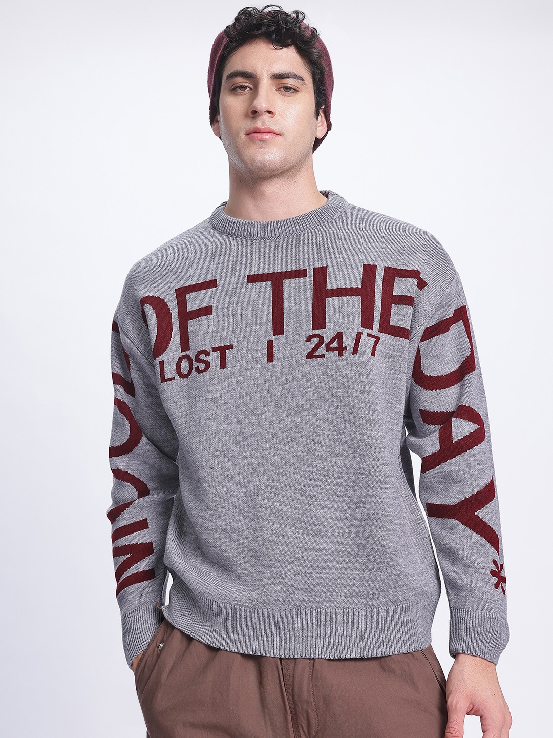 

glitchez Winter Whimsy Typography Tale Dropped Ease Sweater, Grey