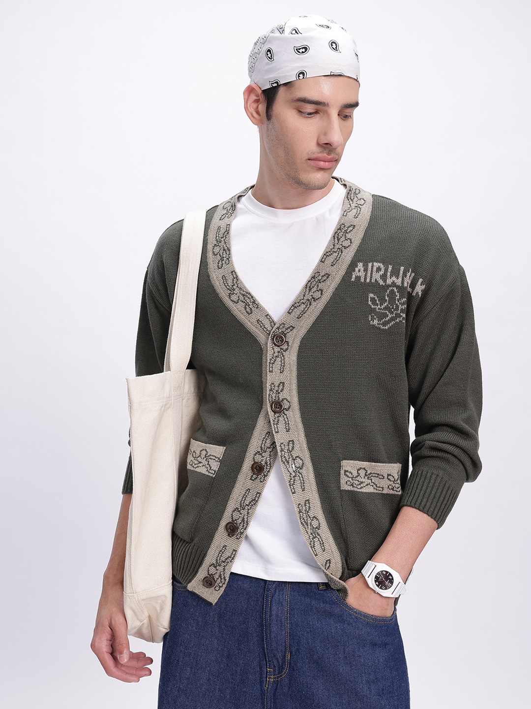 

glitchez Storytelling Style Acrylic Button-Up Cardigan, Olive