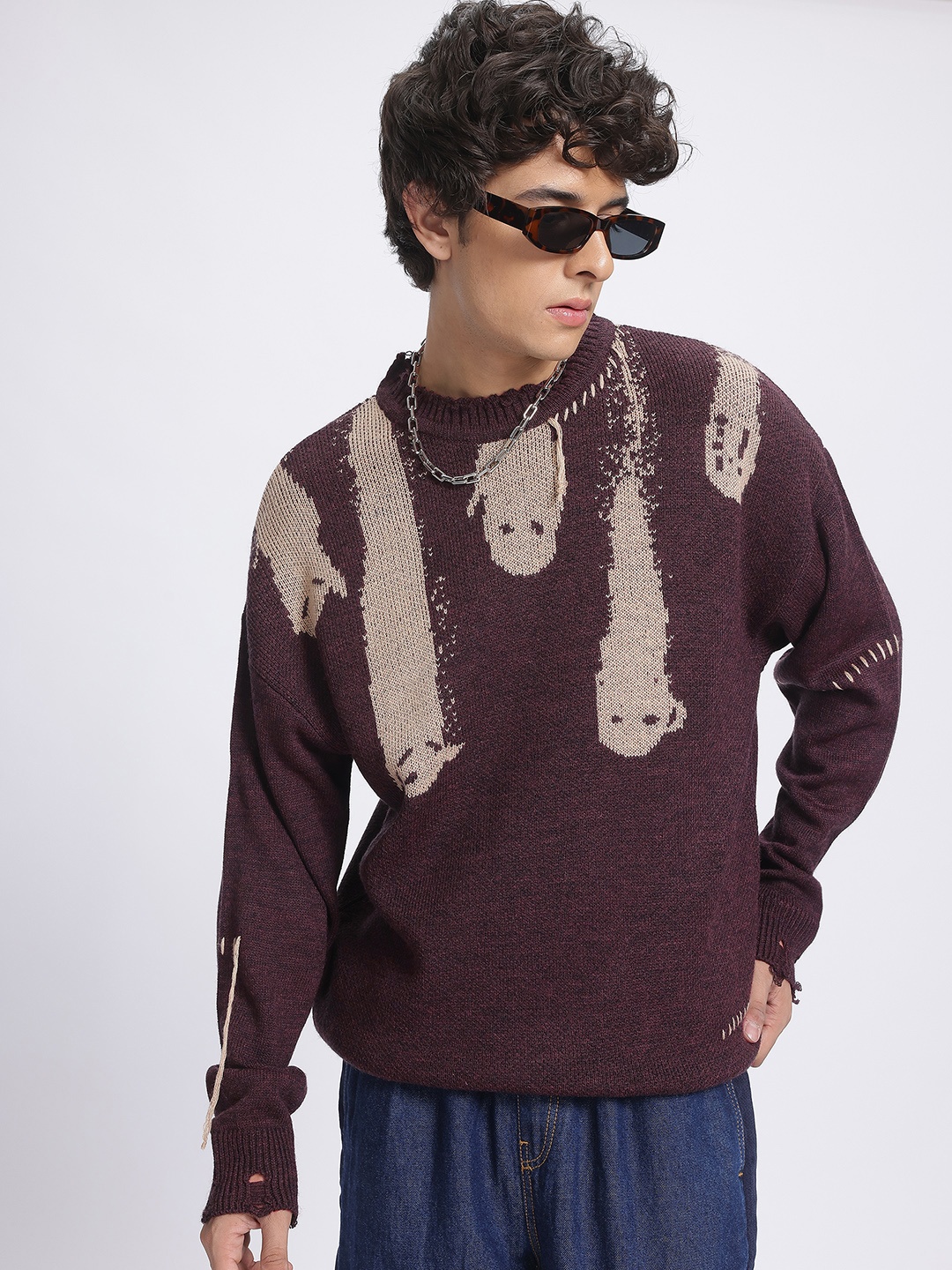 

glitchez Grunge Knits Drop-Shoulder Distressed Pullover, Burgundy