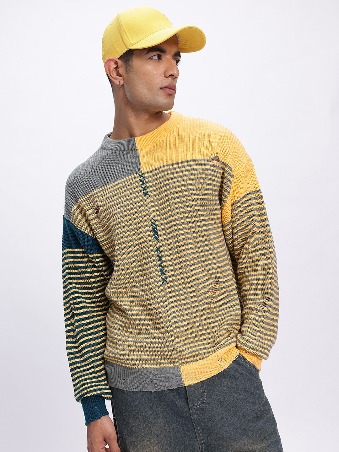 

glitchez Striped Elegance Self-Design Cut-Out Detail Acrylic Pullover, Yellow