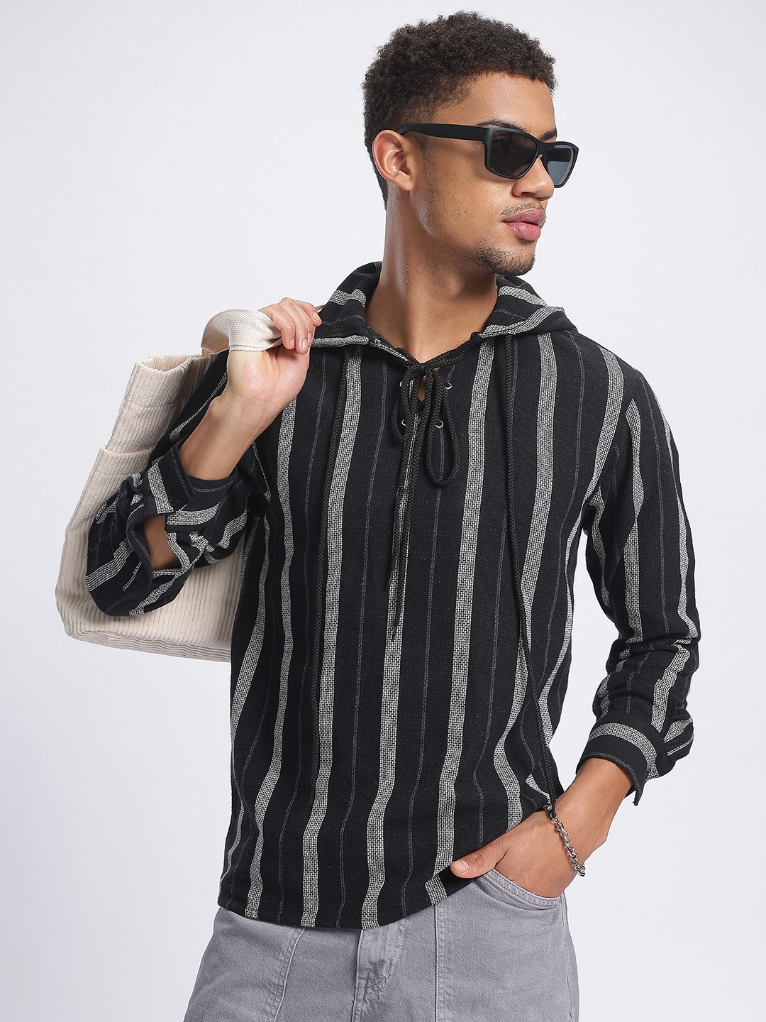 

glitchez Streamlined Stripes Self-Design Tie-Up Detail Hooded Pure Cotton T-shirt, Black