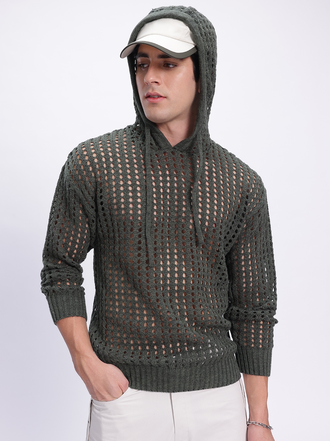 

glitchez Comfort Knit Open-Knit Hooded Pullover, Olive