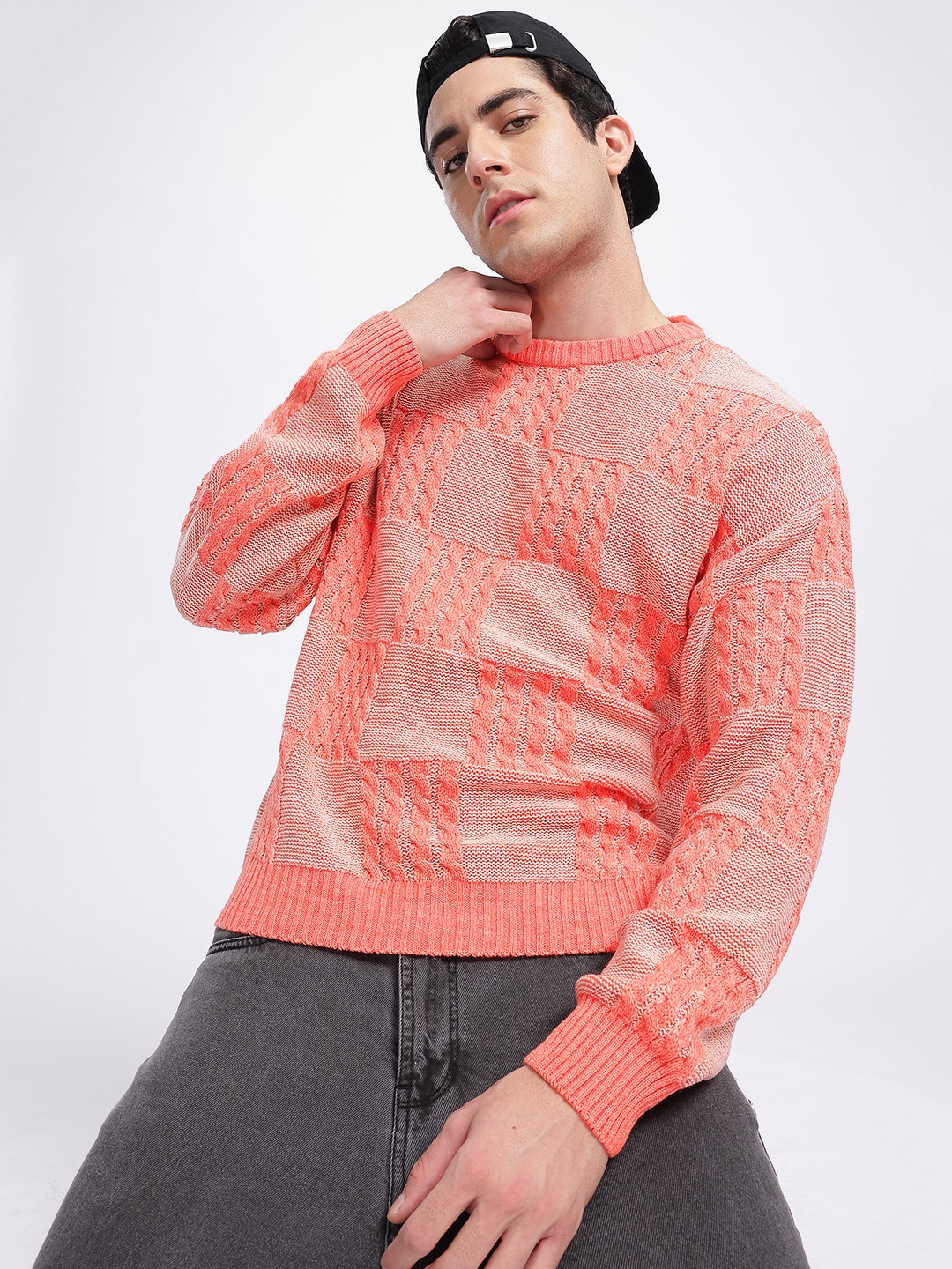 

glitchez Men Flawlessly Flawed Cable Knit Pullover, Peach