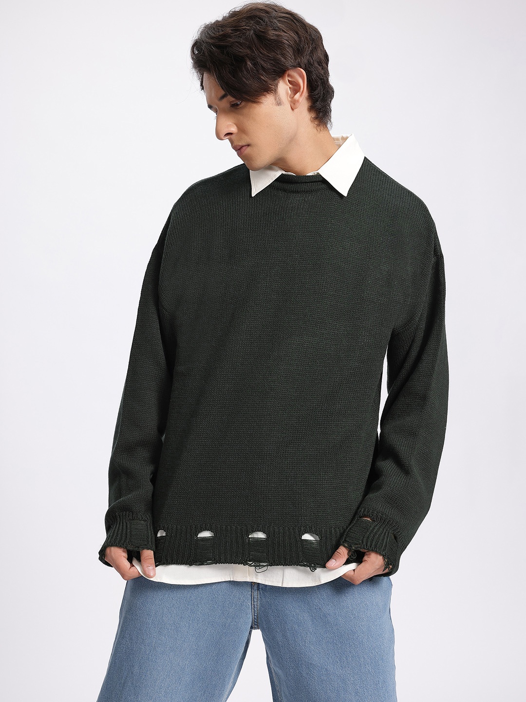 

glitchez Distressed Military Inspired Drop-Shoulder Sleeves Pullover, Olive
