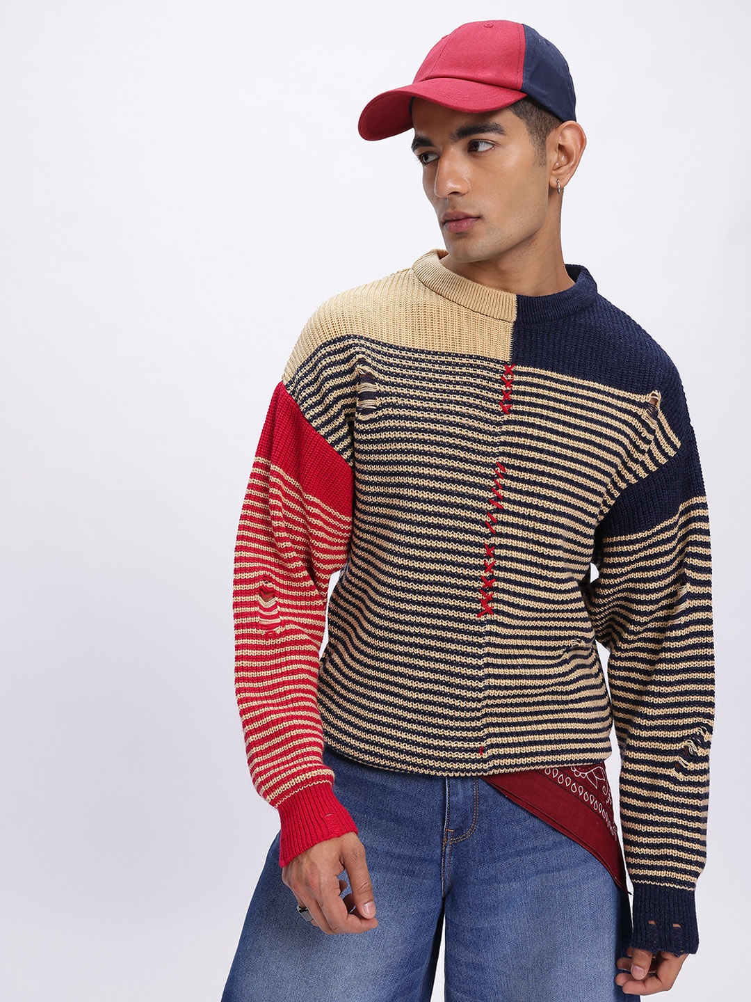 glitchez Sophisticated Stripes Self-Design Cut-Out Detail Acrylic Pullover, Cream