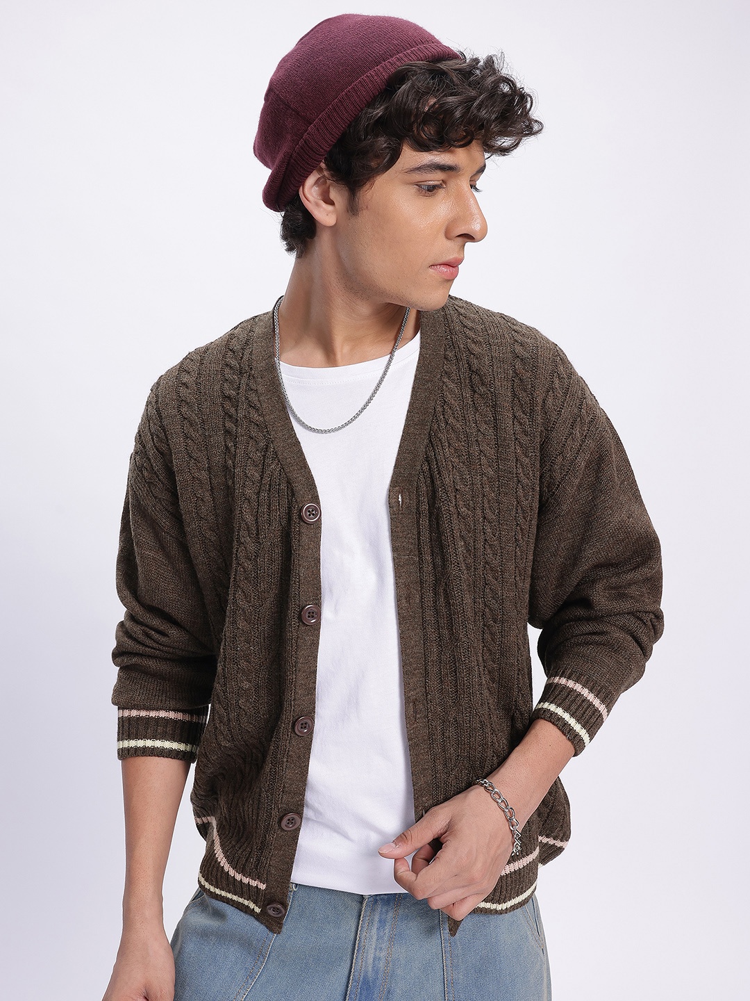 

glitchez Sleek & Soft Cable Knit Cardigan, Brown
