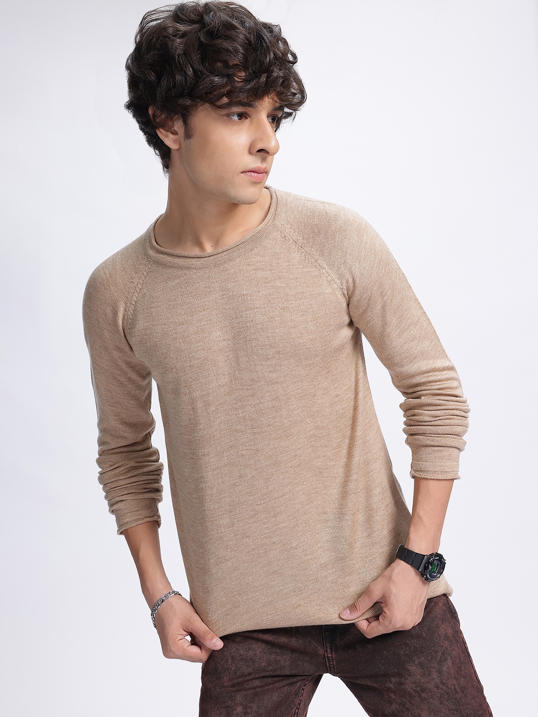 

glitchez Modern Minimalist Raglan Sleeves Pullover, Beige