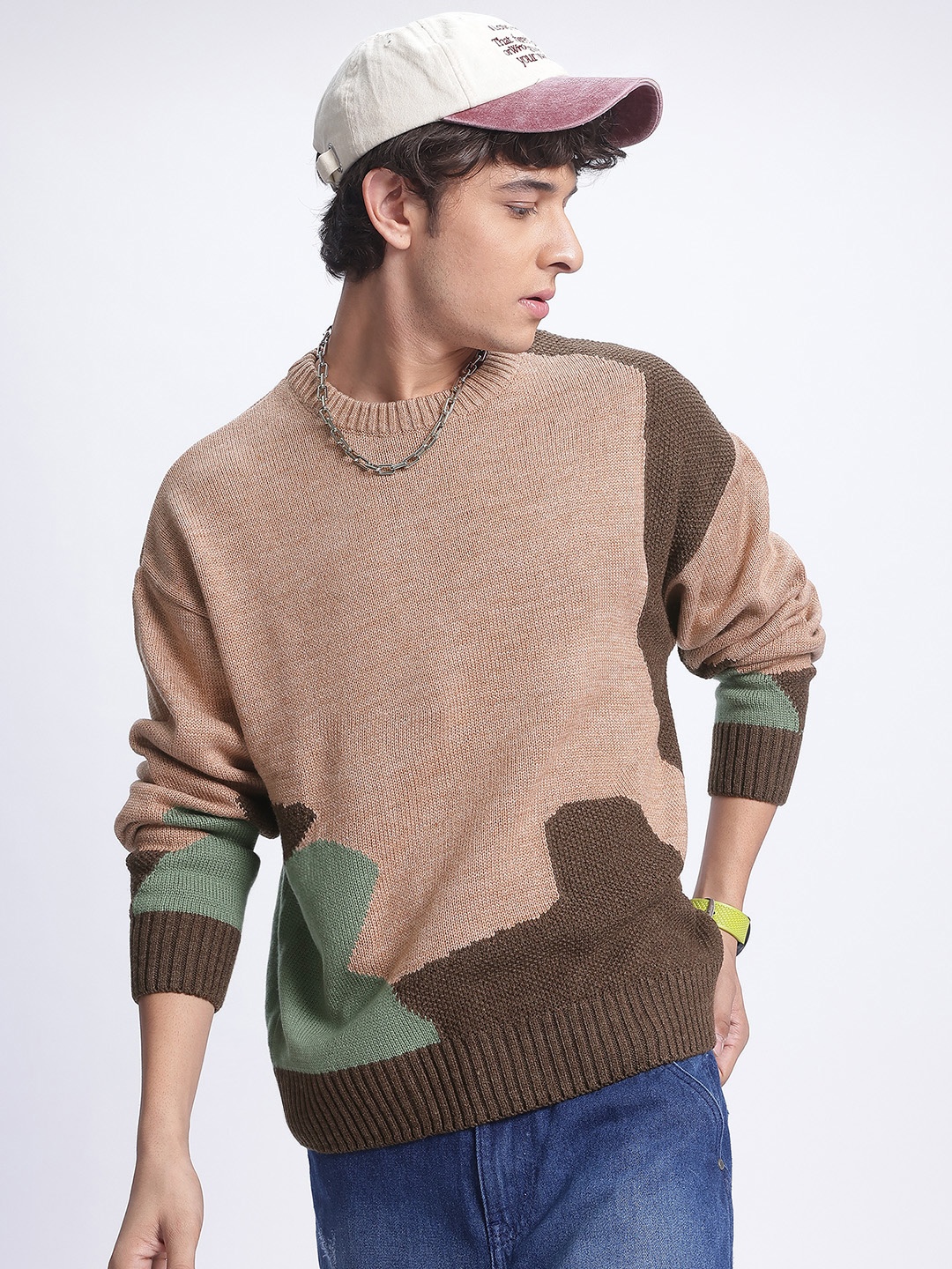 

glitchez Artsy Abstract Self-Design Textured Pullover, Brown