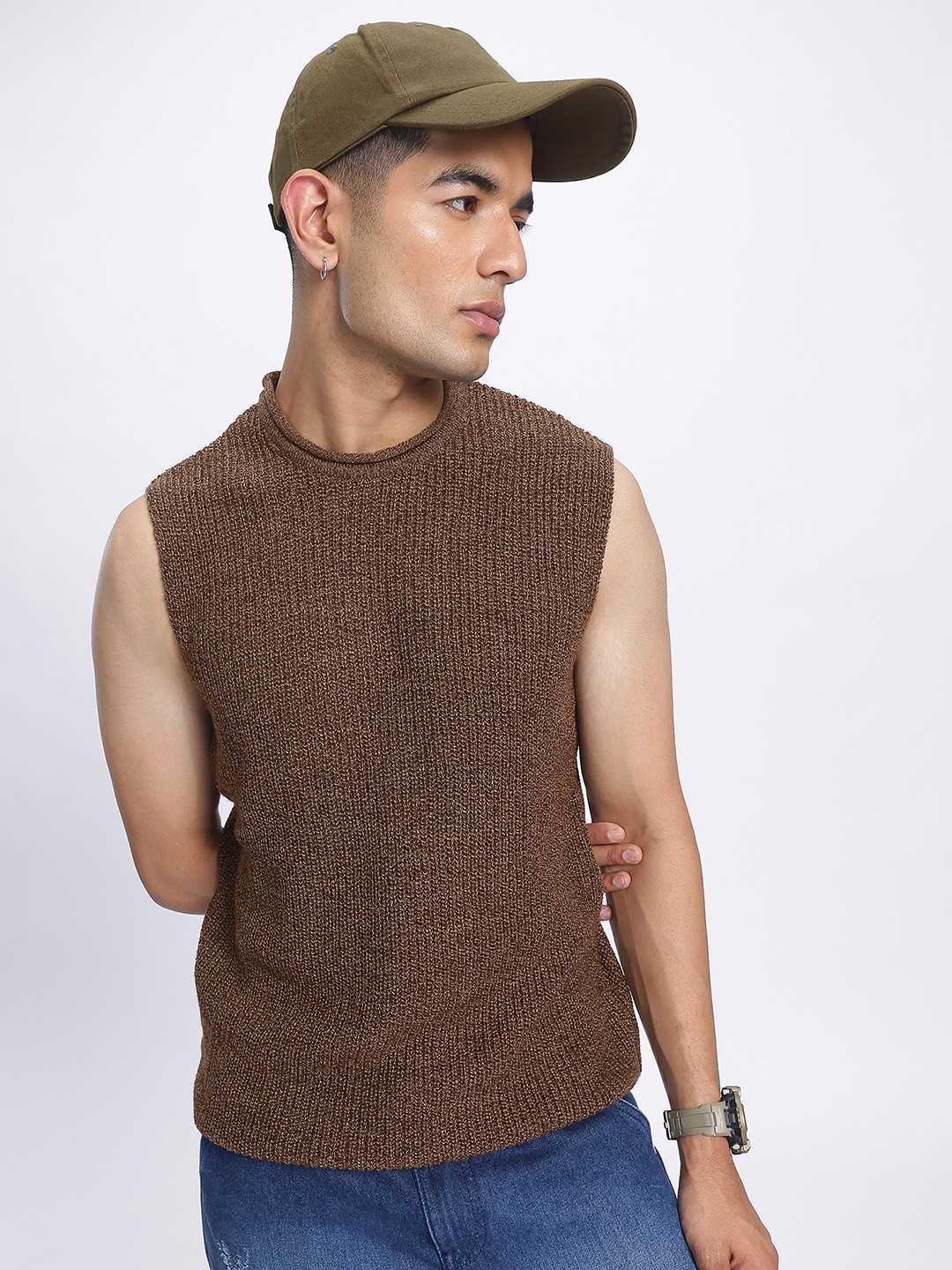 

glitchez Knitted Edges Sleeveless Sweater Vest, Brown