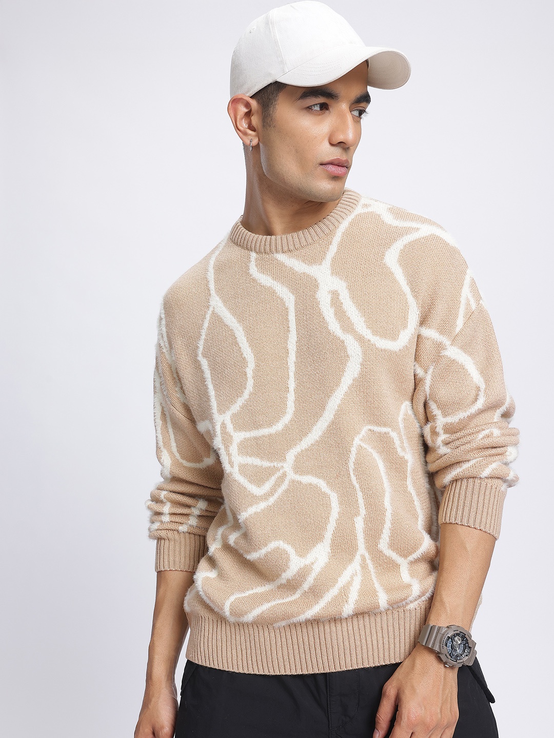 

glitchez Cozy Knits Abstract Drop-Shoulder Sleeve Pullover, Beige
