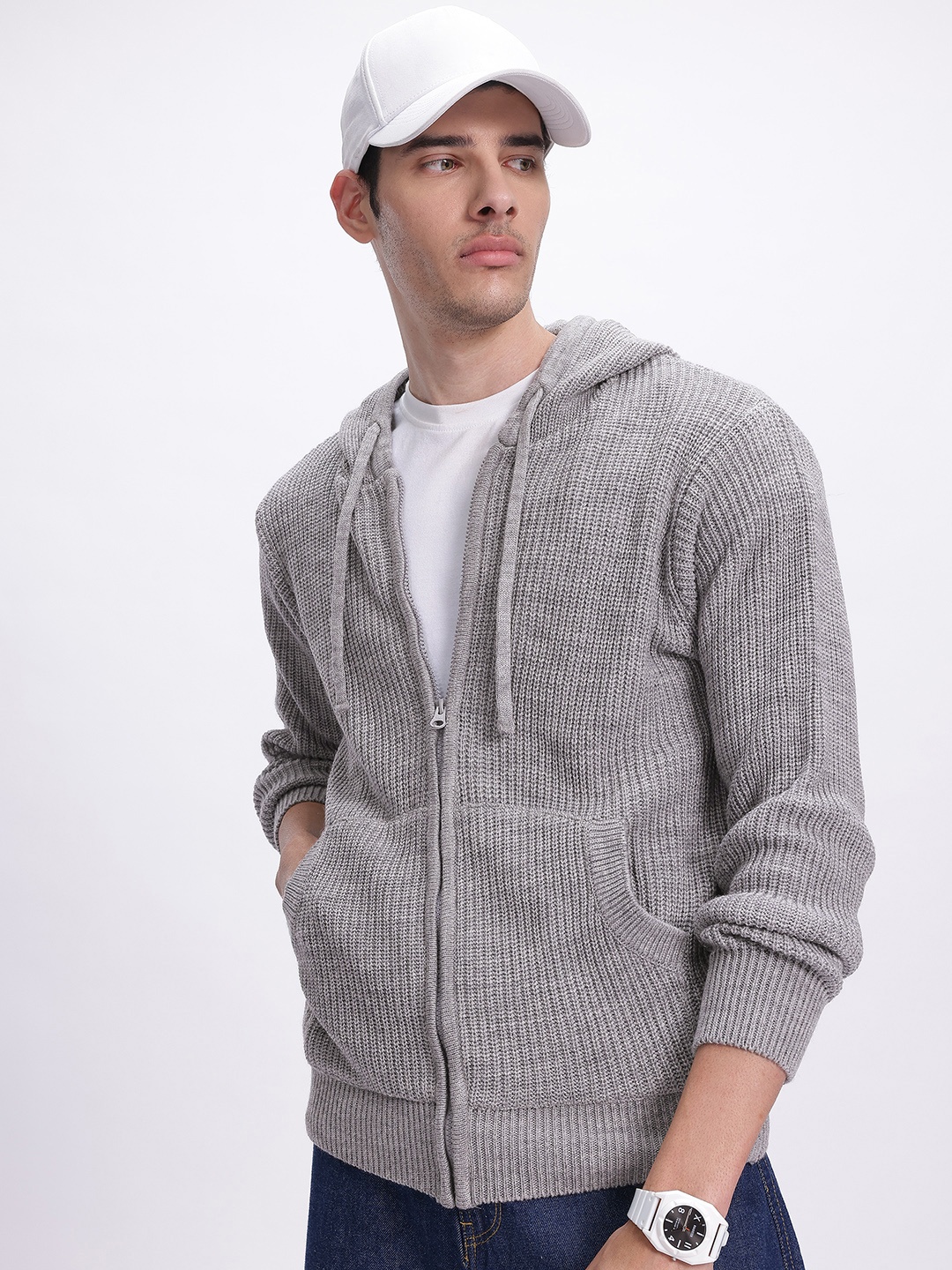 

glitchez Knits with Purpose Hooded Acrylic Zip-Up Cardigan, Grey