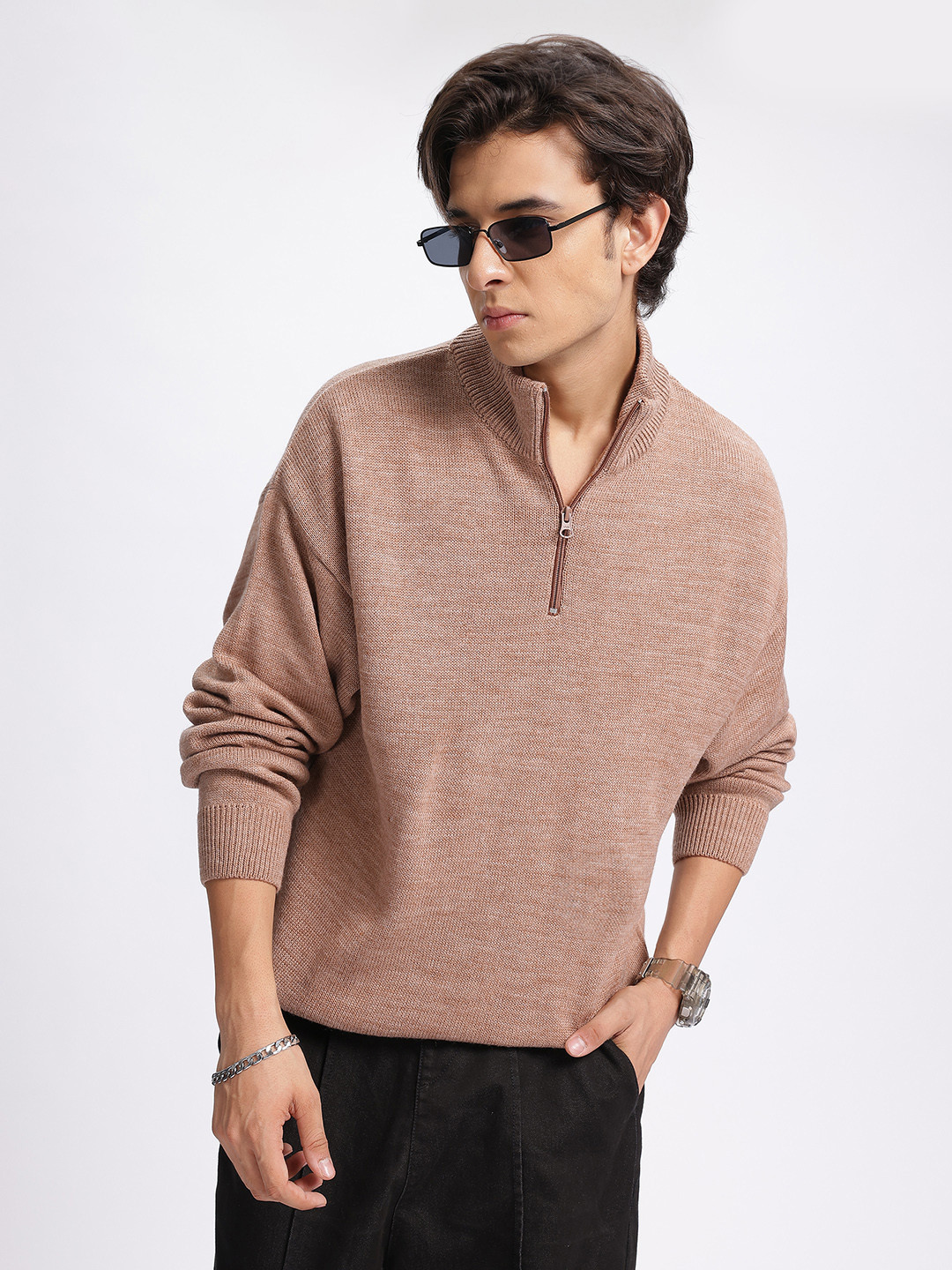 

glitchez Zip it Up Drop-Shoulder Sleeves Half-Zipper Pullover, Beige