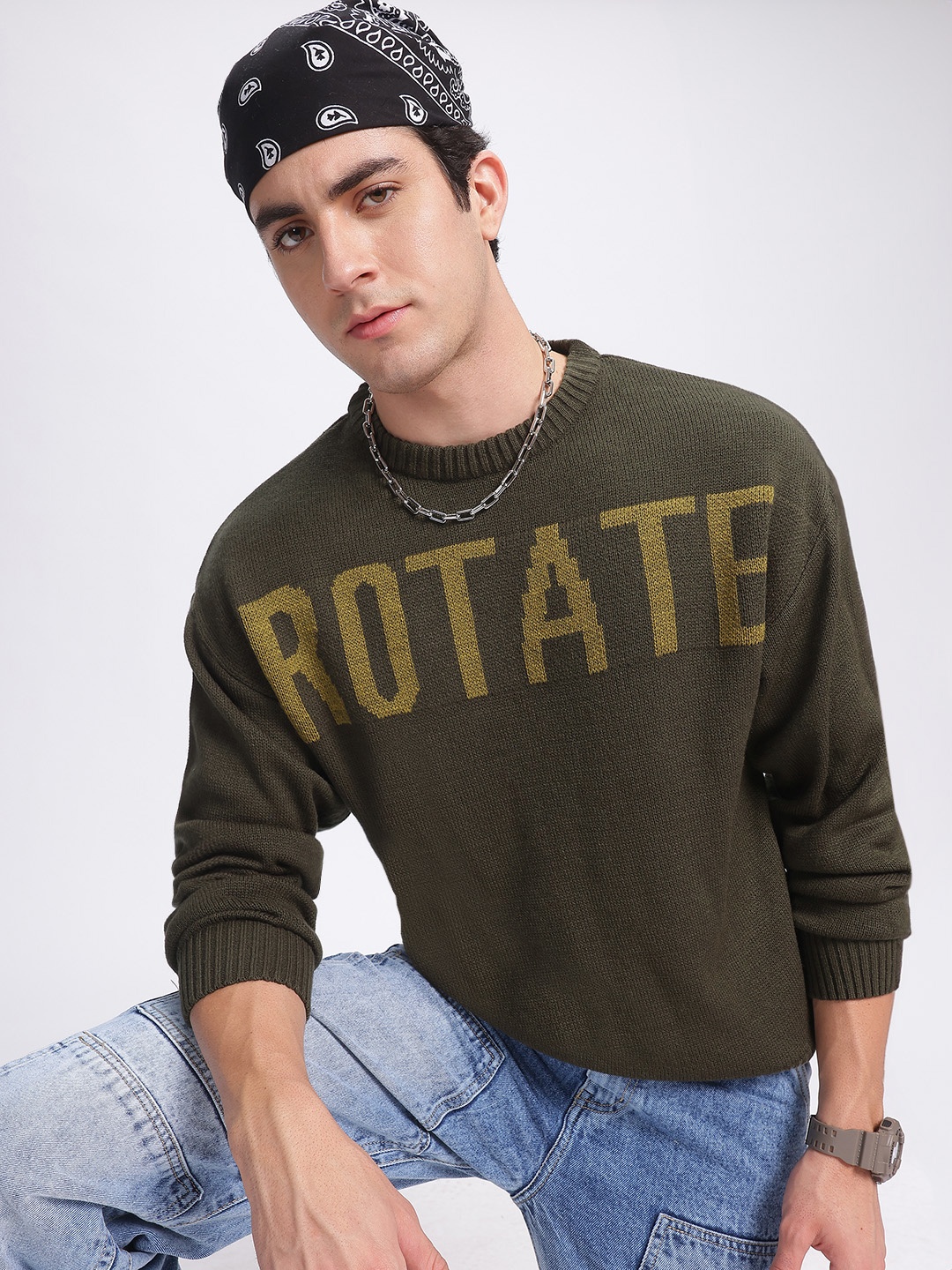 

glitchez Typo Glam Self-Design Round-Neck Pullover, Green