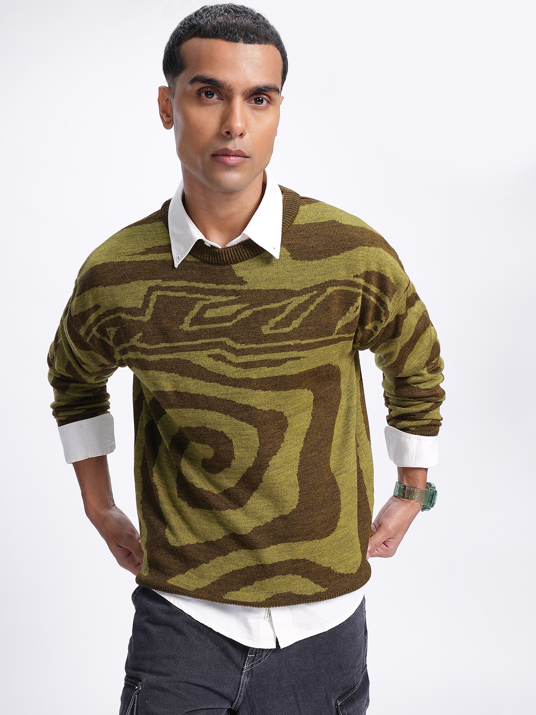 

glitchez Modern Minimalist Self-Design Abstract Pullover, Green