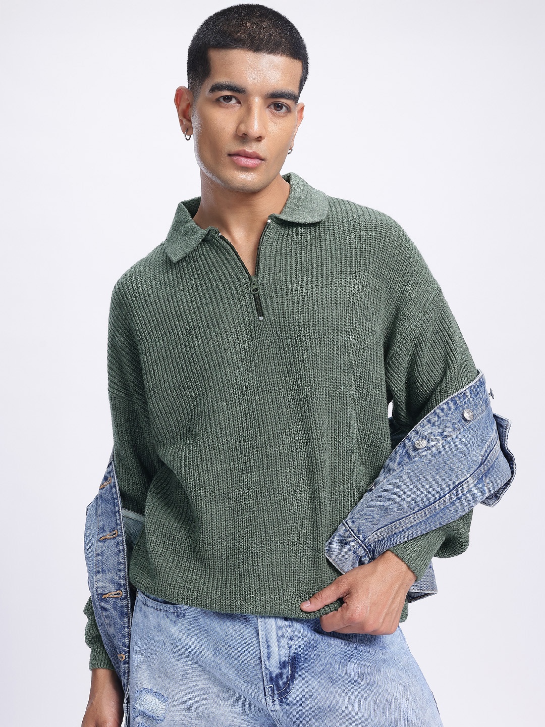 

glitchez Polished Stitch Ribbed Sweater, Green