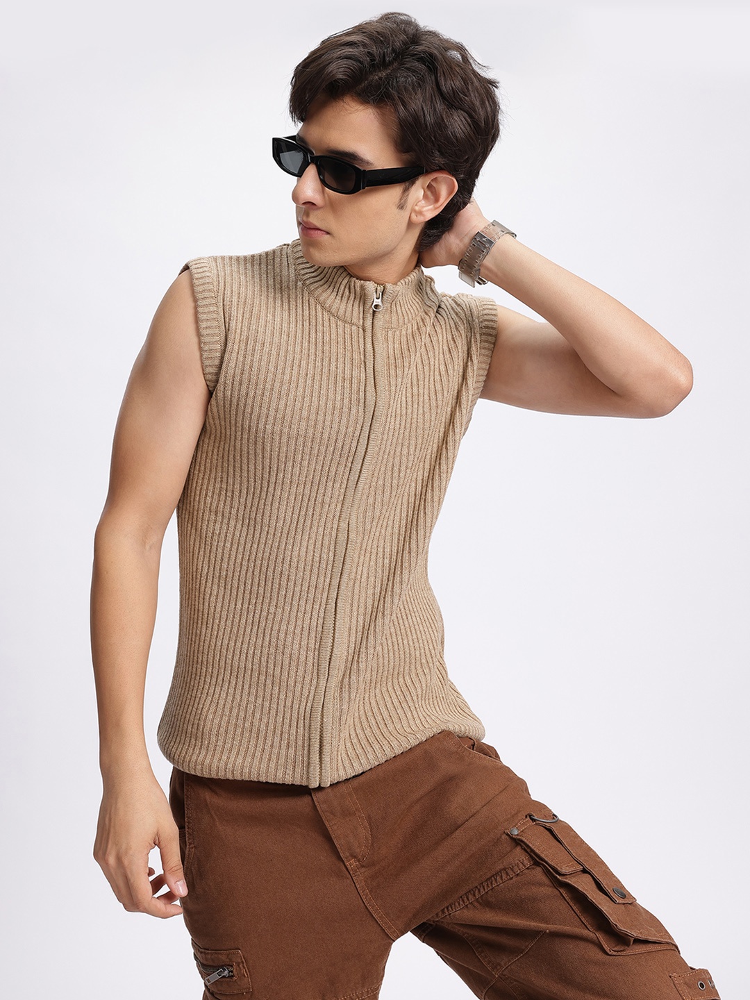 

glitchez Comfort Essentials Ribbed Zipper Cardigan, Beige