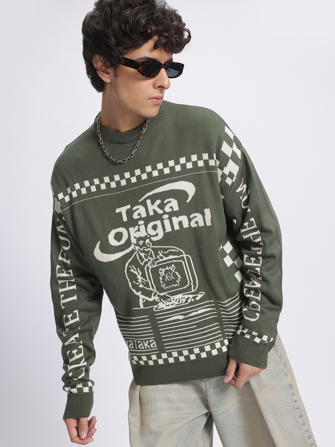 

glitchez Graphic Dialogues Self-Design Round-Neck Pullover, Grey