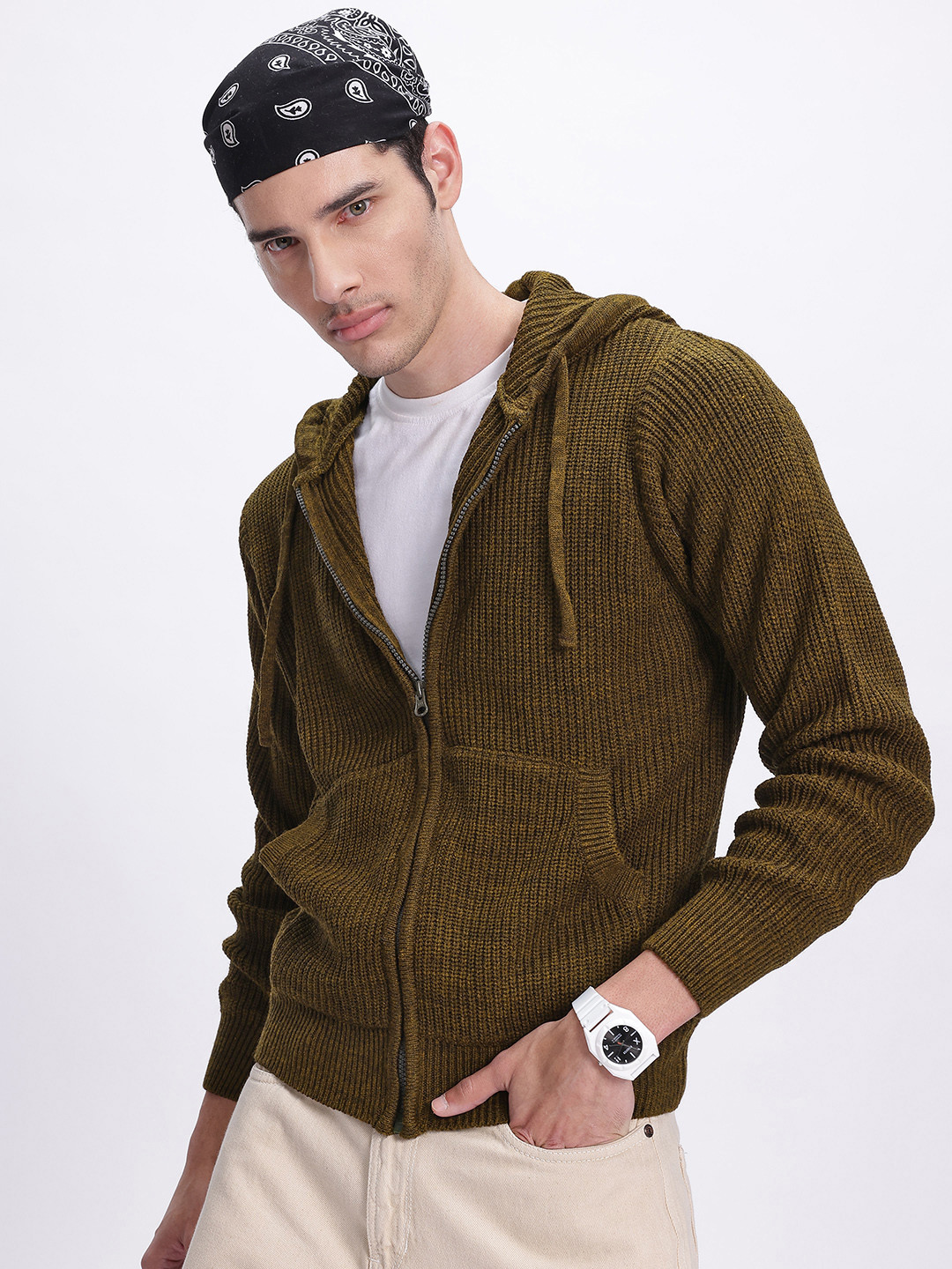 

glitchez Powerful Ribs Hooded Acrylic Zip-Up Cardigan, Olive