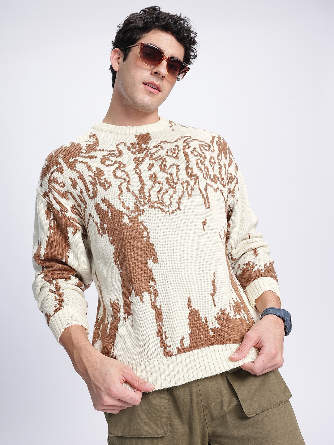 

glitchez Graphic Greatness Abstract Self Design Pullover, Off white