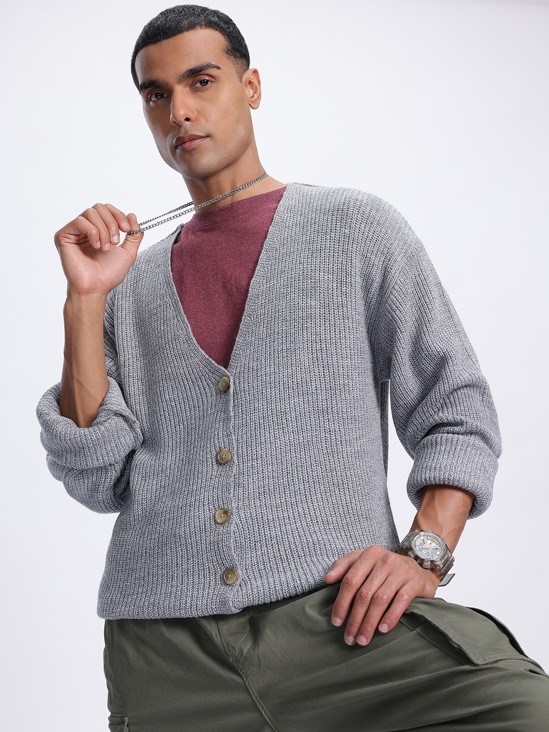 

glitchez Street-Ready Knits Ribbed Cardigan, Grey