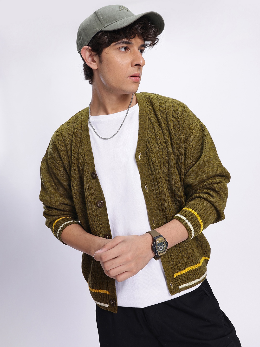 

glitchez Minimalist Merino Cable Knit Cardigan, Olive