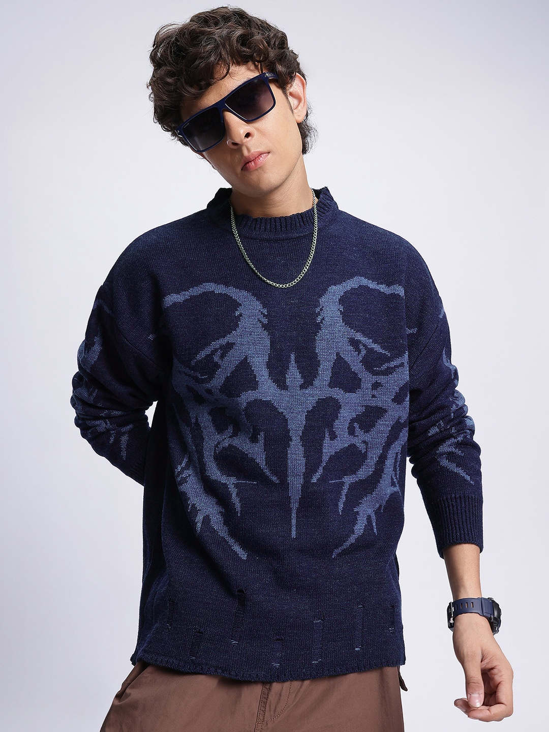 

glitchez Ripped Rebel Self-Design Drop-Shoulder Pullover, Blue