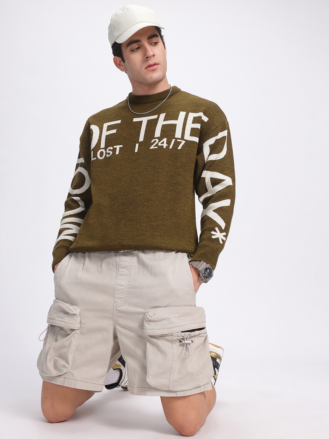glitchez Bold Quotes Self-Design Round-Neck Pullover, Olive