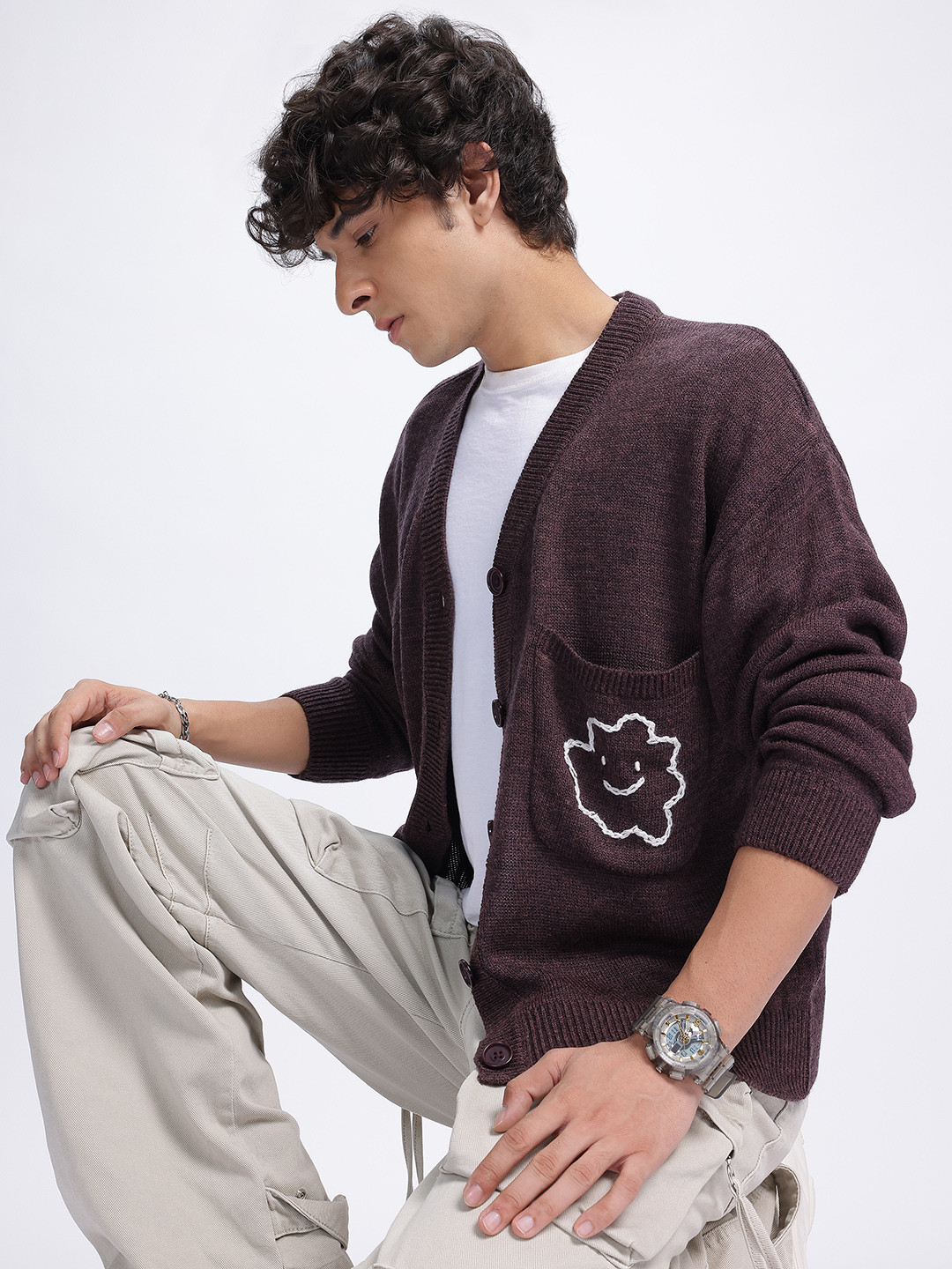 

glitchez Knit & Chill Embroidered Pocket Cardigan, Brown