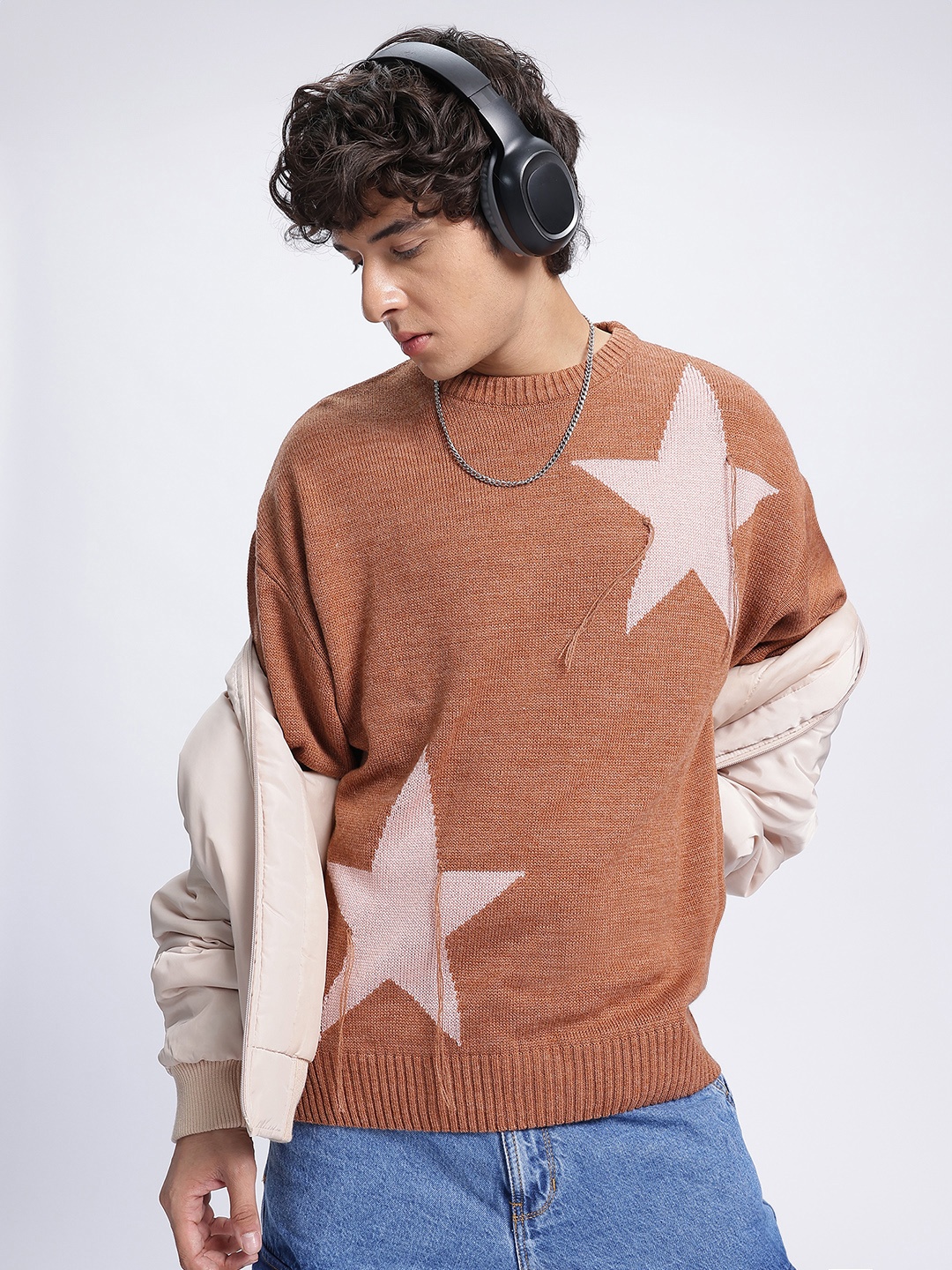 

glitchez Pattern Play Conversational Self Design Pullover, Brown