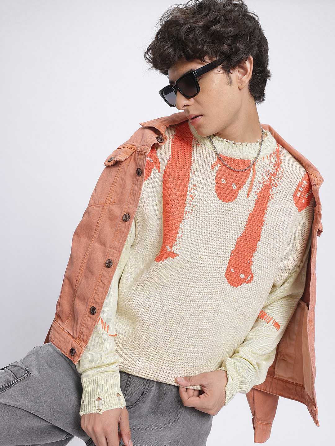 

glitchez Data Stream Self-Design Distressed Abstract Pullover, Beige