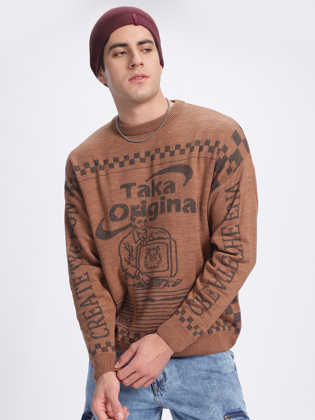 

glitchez Typography Tales Self-Design Round-Neck Pullover, Brown