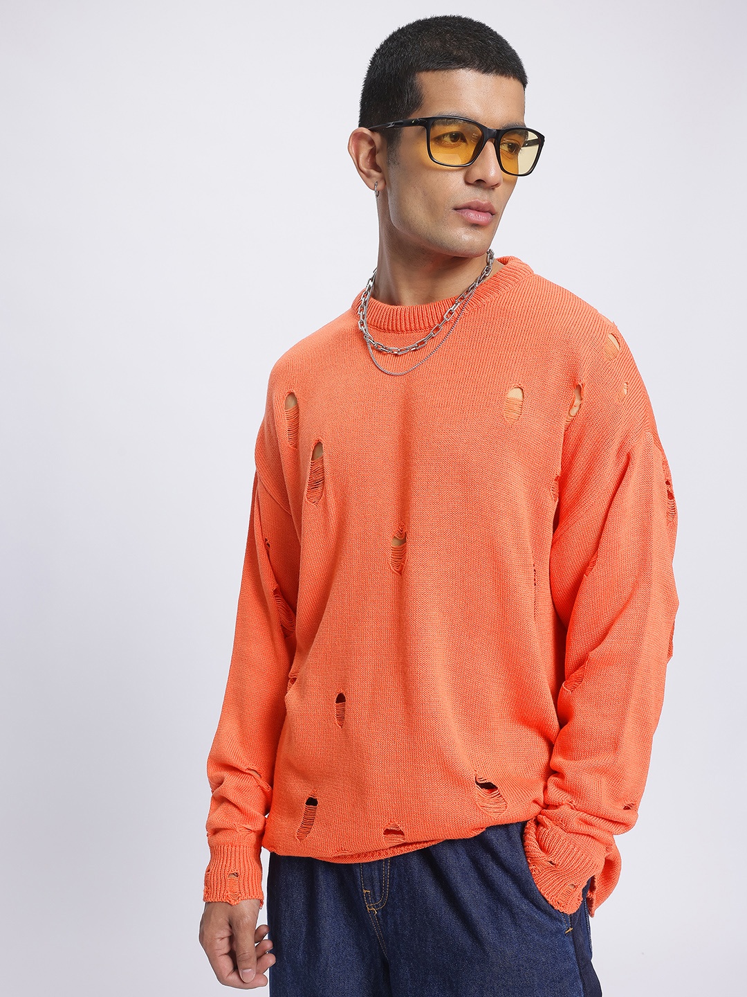 

glitchez Distressed Dilemma Open Knit Pullover, Orange