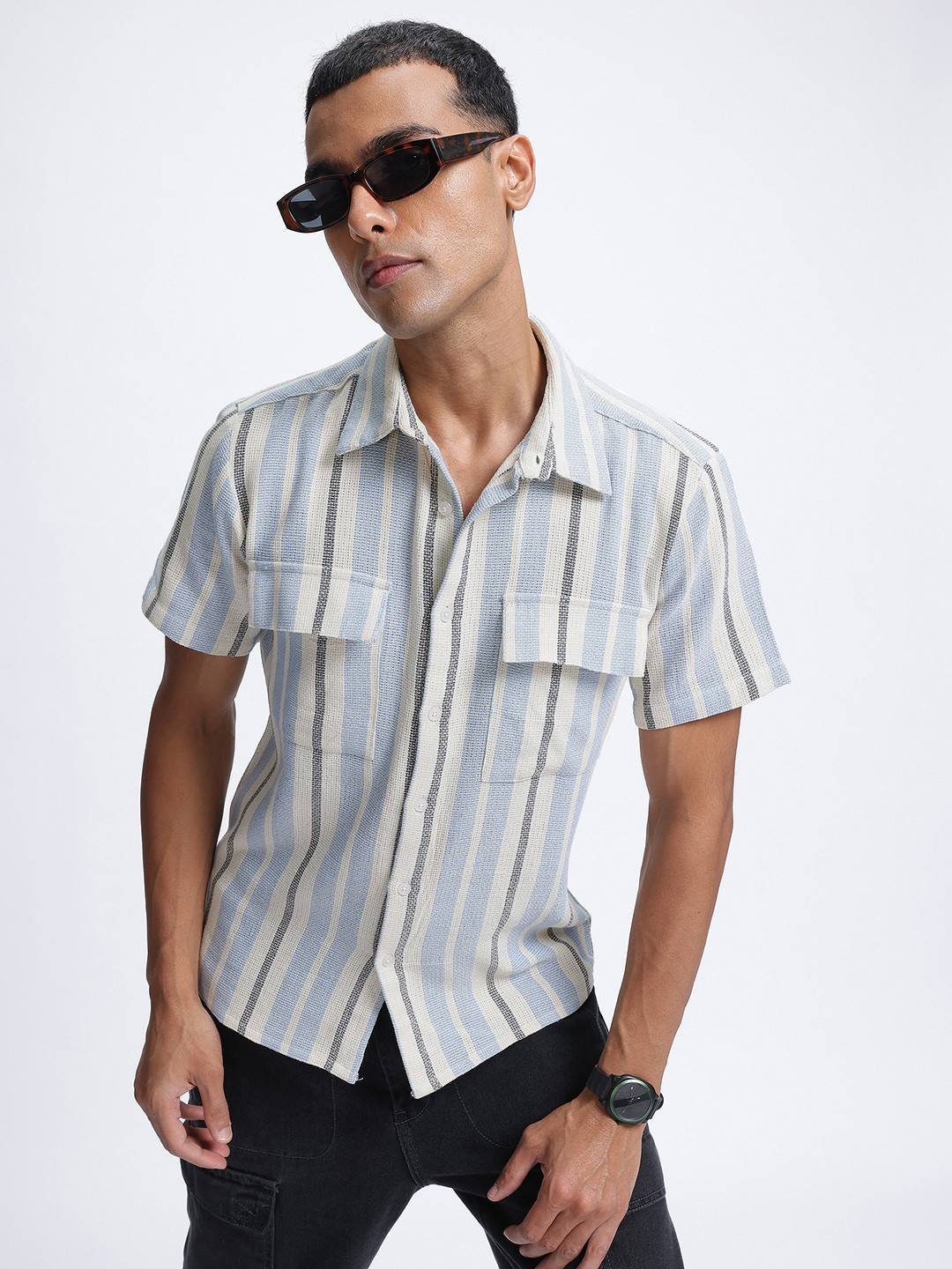 

glitchez Vacation Vibes Tweed Striped Shirt, White
