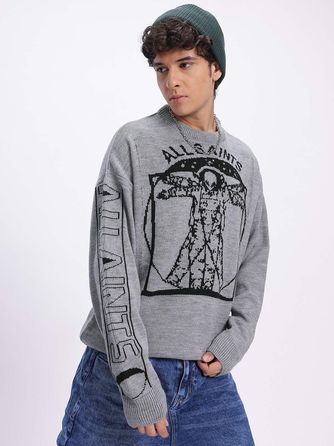 

glitchez Vintage Knit Self Design Acrylic Pullover, Grey