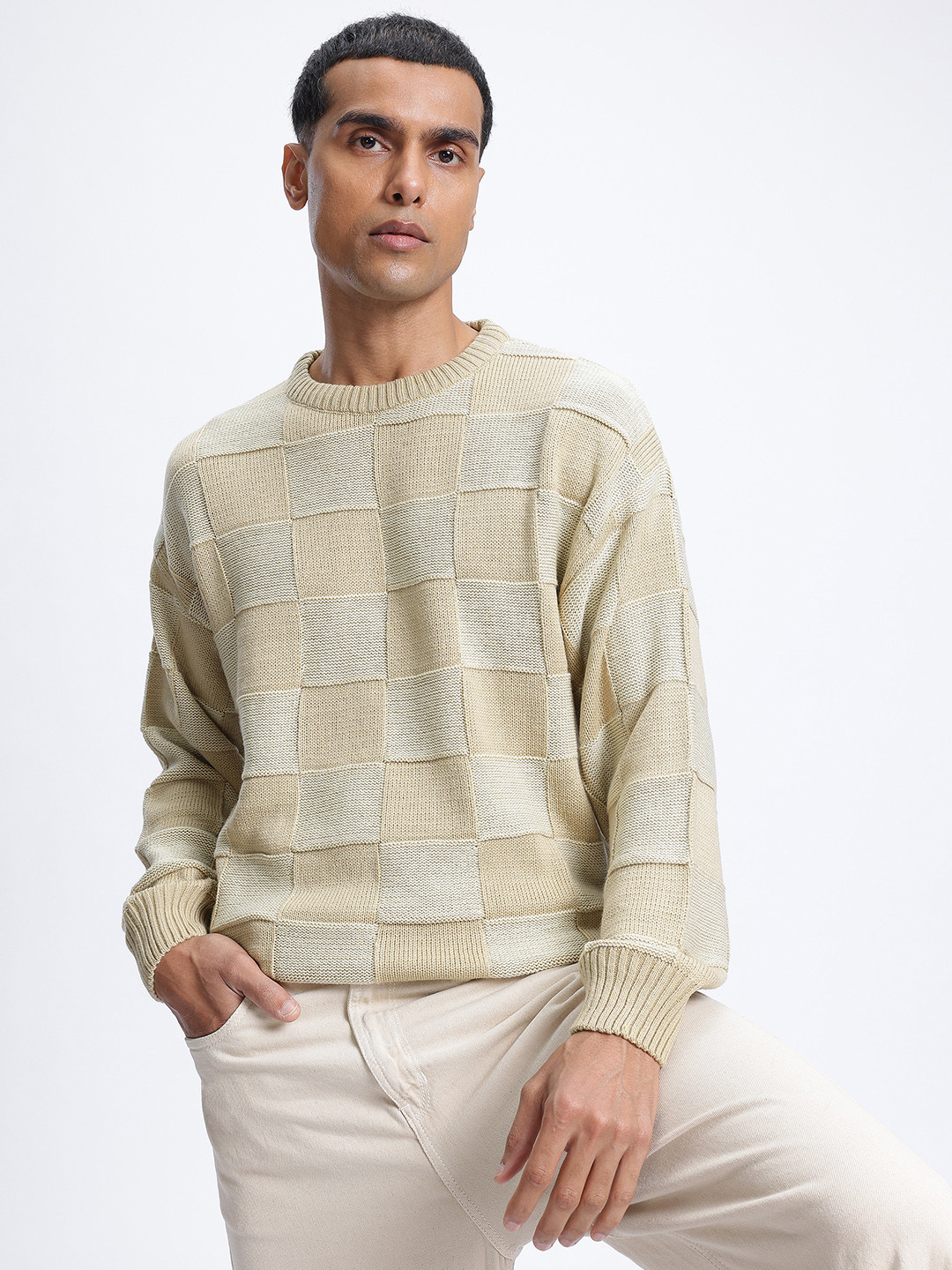 

glitchez Streetwear Knit Checked Drop-Shoulder Pullover, Beige