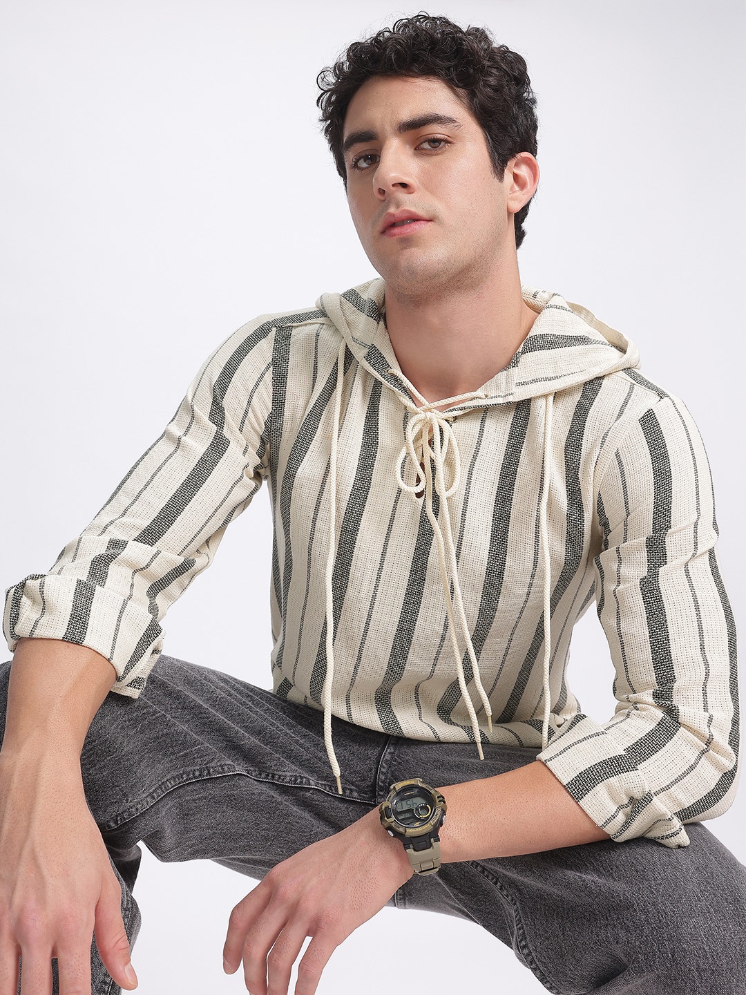 

glitchez Stripes & Chill Hooded Shirt, White
