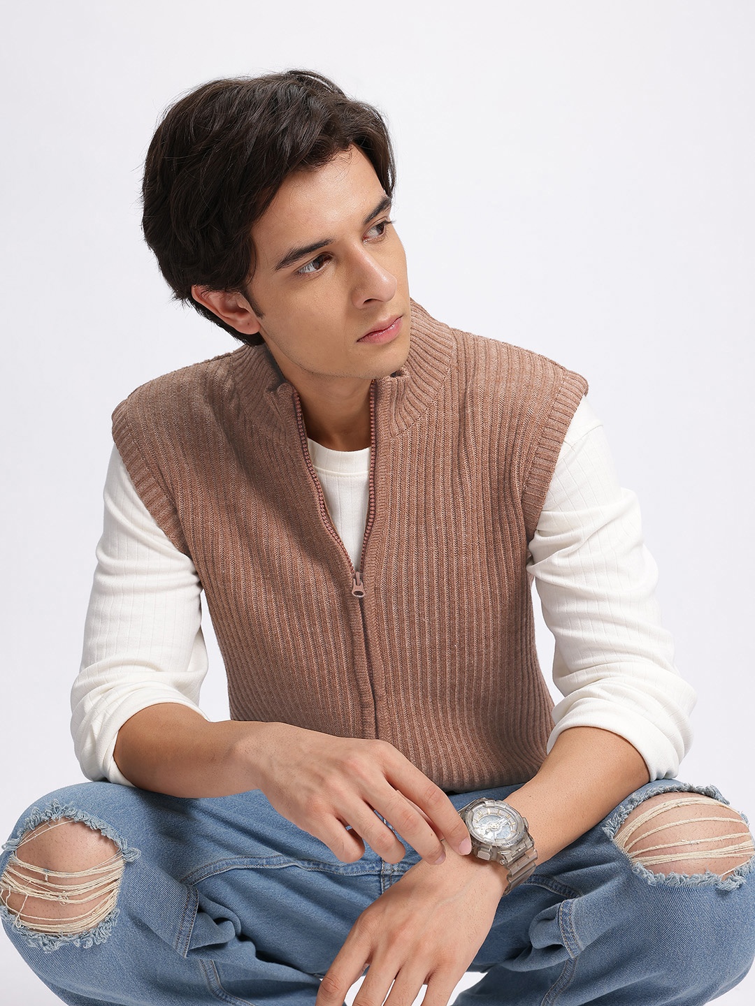 

glitchez Cozy Knits Ribbed Extended Sleeve Zipper Cardigan, Brown