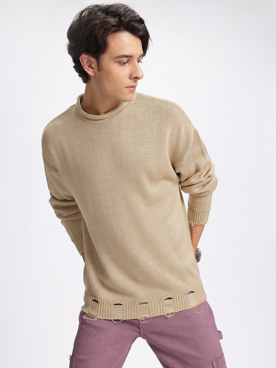 

glitchez Knitted Mirage Distressed Pullover, Taupe