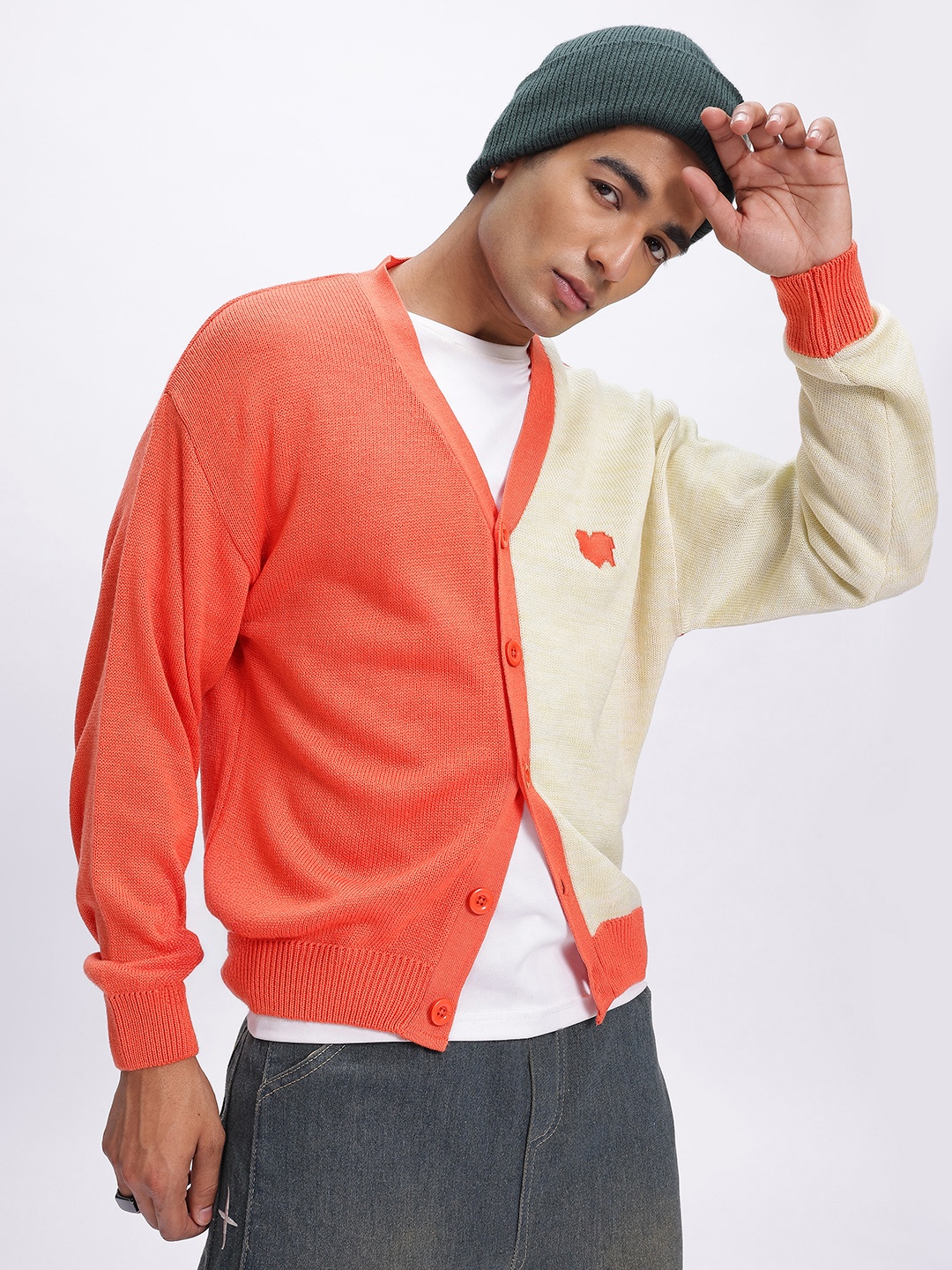 

glitchez Dynamic Duo Drop-Shoulder Sleeves Acrylic Button-Up Cardigan, Orange