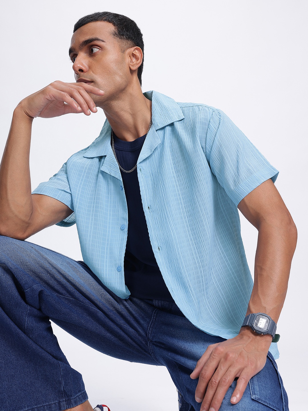 

glitchez Sharp Lines Striped Textured Shirt, Blue