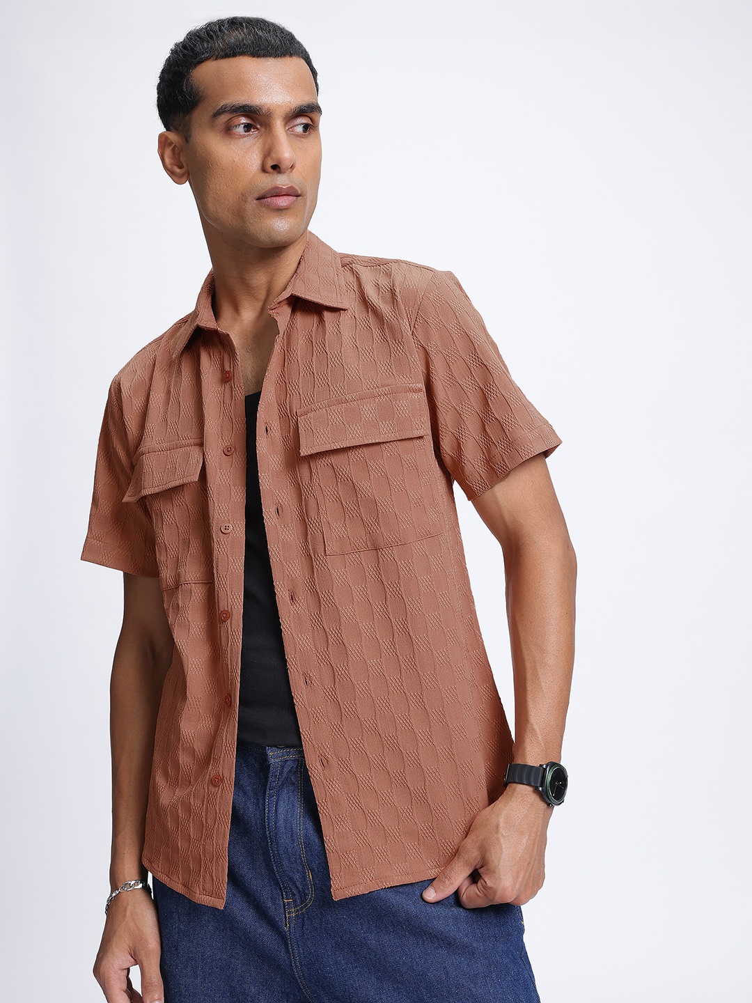 

glitchez Street Texture Self Design Relaxed Fit Shirt, Brown