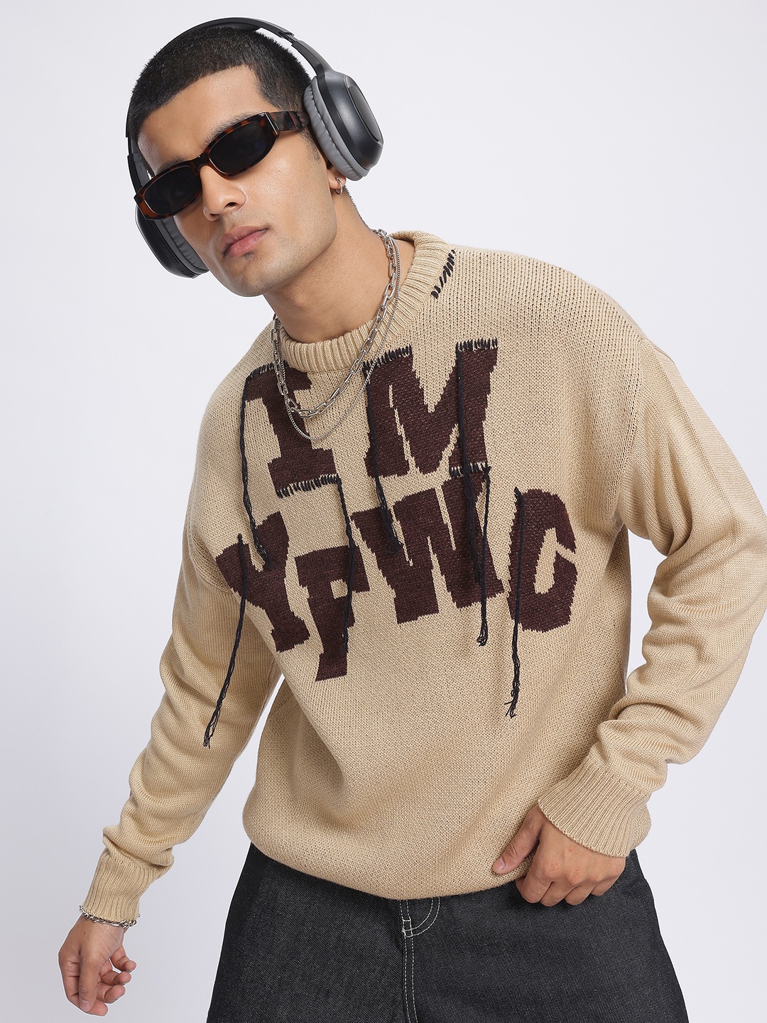 

glitchez Pixel Perfect Typography Knitted Pullover, Beige
