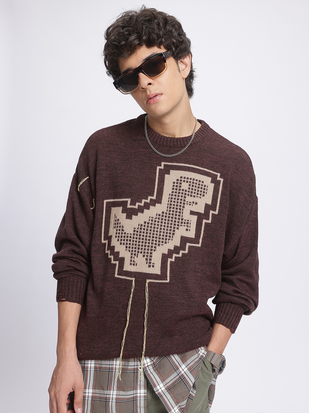 

glitchez Pixel Perfection Self Design Graphic Pullover, Brown