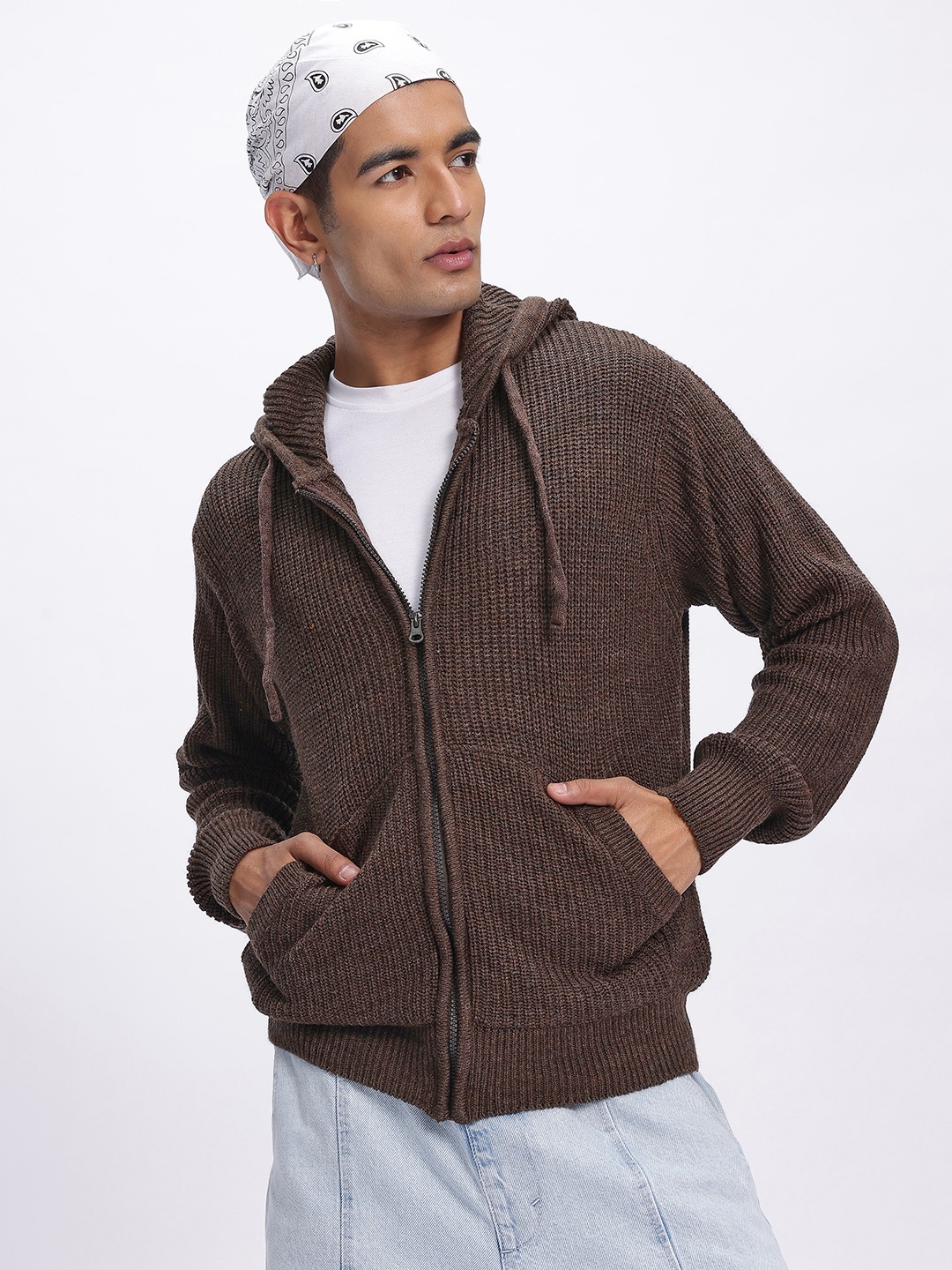 

glitchez Empowered Knits Hooded Acrylic Zip-Up Cardigan, Brown