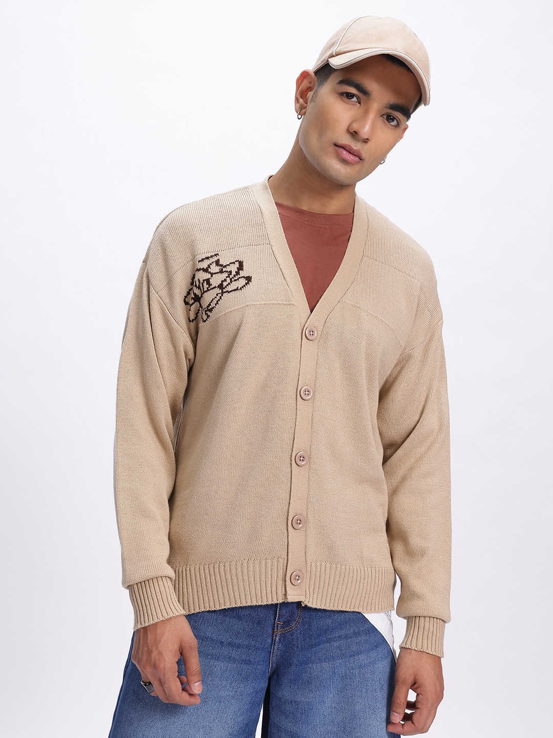

glitchez Floral Essence Self-Design Acrylic Button-Up Cardigan, Beige
