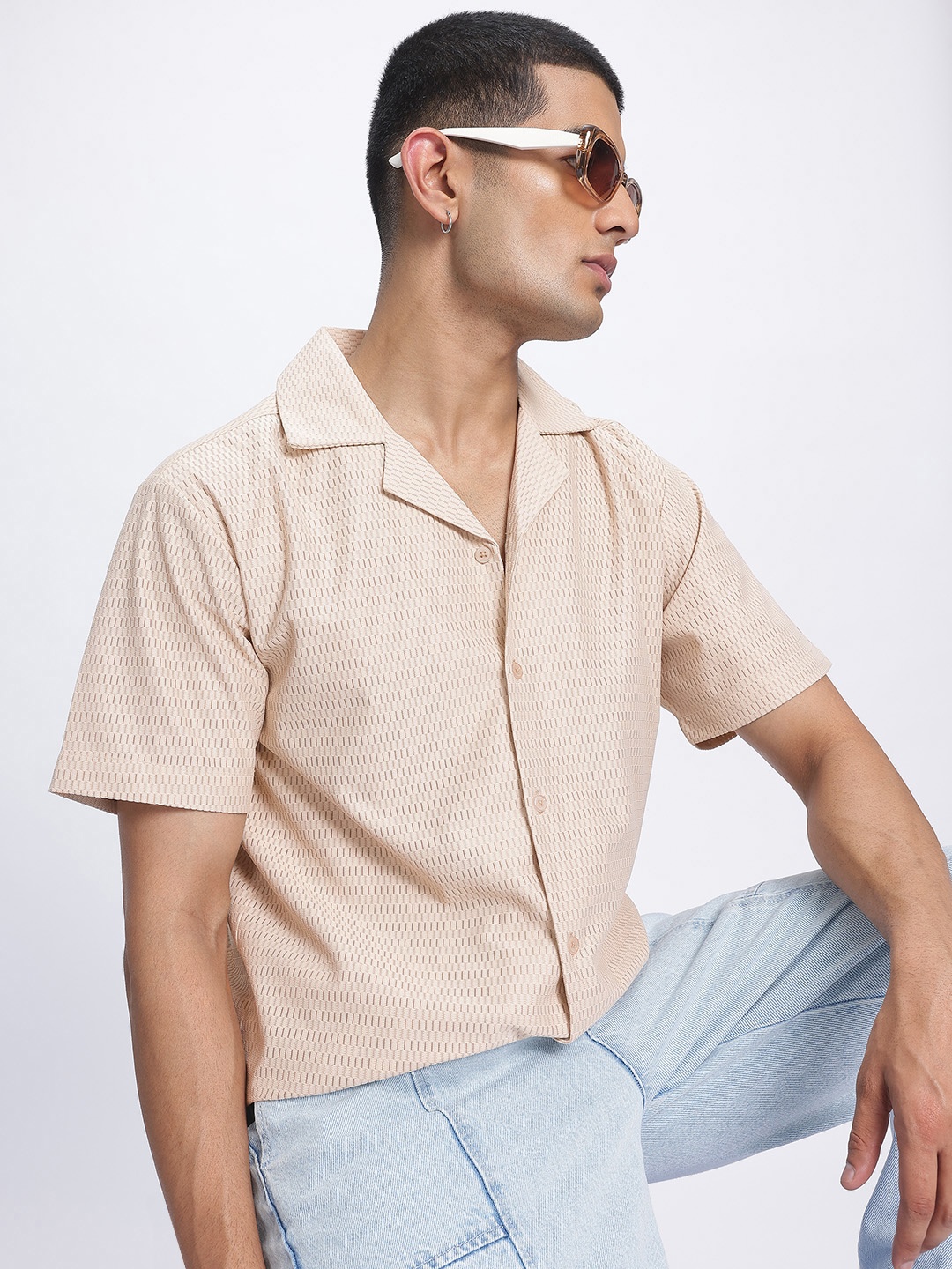 

glitchez Timeless Textures Self-Striped Shirt, Beige